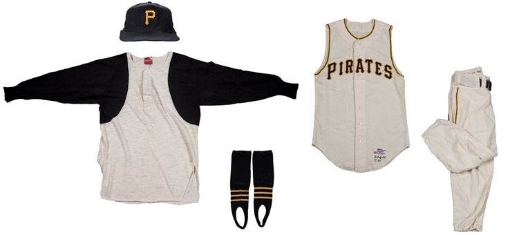 1960 Dick Schofield Game Used Pittsburgh Pirates Complete Home Uniform Including Jersey, Pants, Undershirt, Cap, Belt and Stirrups (Schofield LOA)